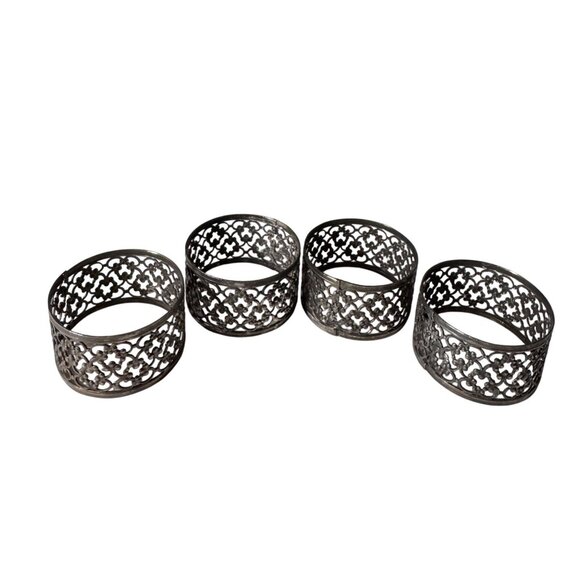 Set Of 4 Vintage Pierced Silver Plated Ornate Metal Napkin Rings Floral Scroll - Picture 7 of 7
